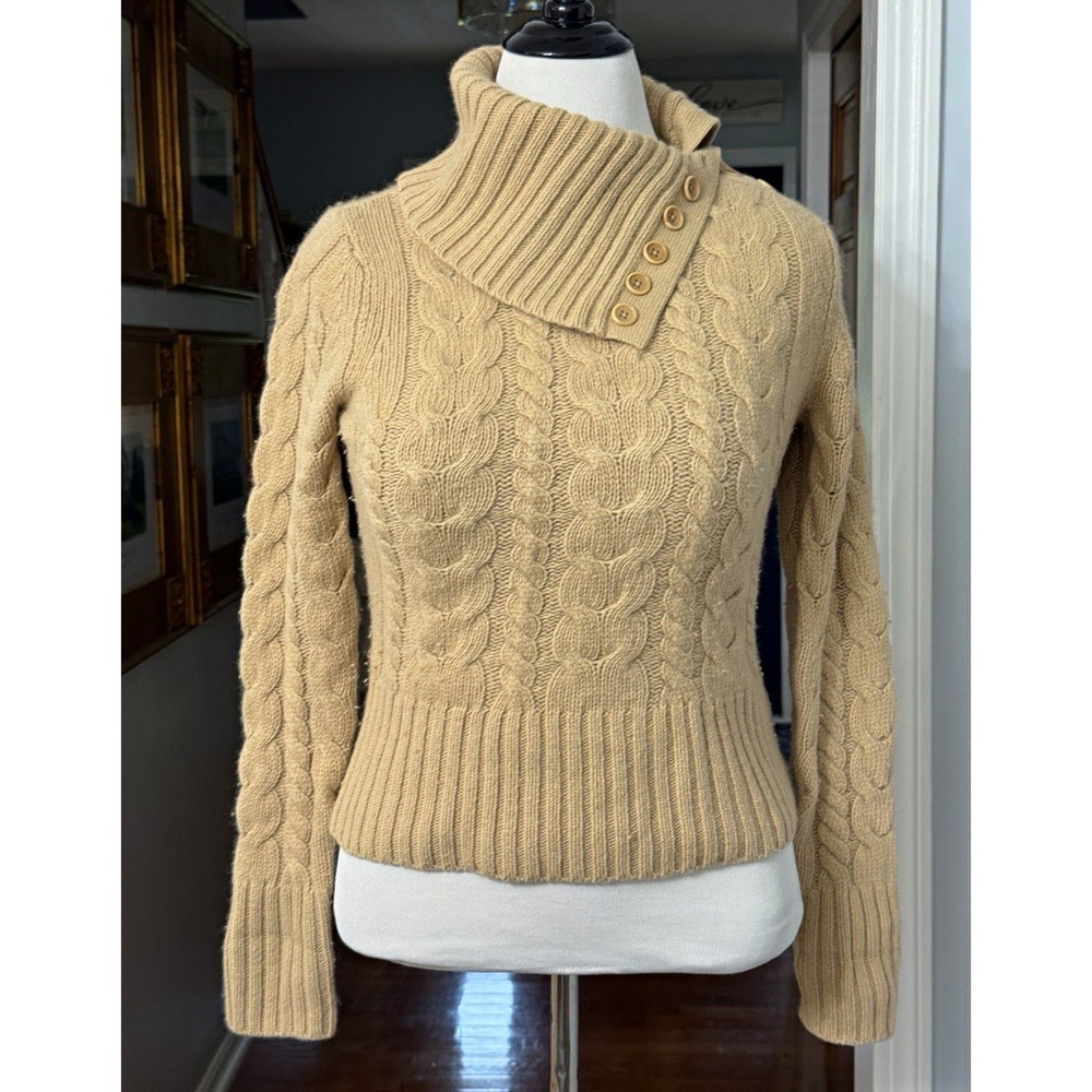 Banana Republic Beige Cable-Knit Turtleneck Button Neck Angora Wool M Y2K VTG